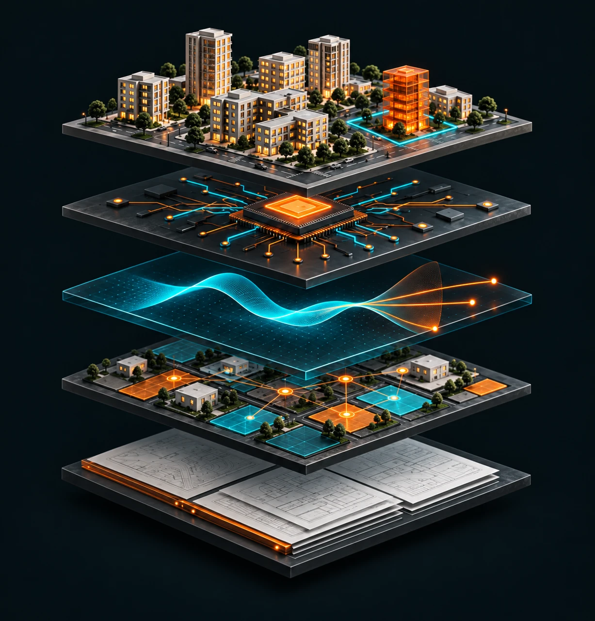Cinco capas de la inteligencia inmobiliaria CABES, desde la normativa territorial hasta la evaluación de oportunidades. Visualización ilustrativa.