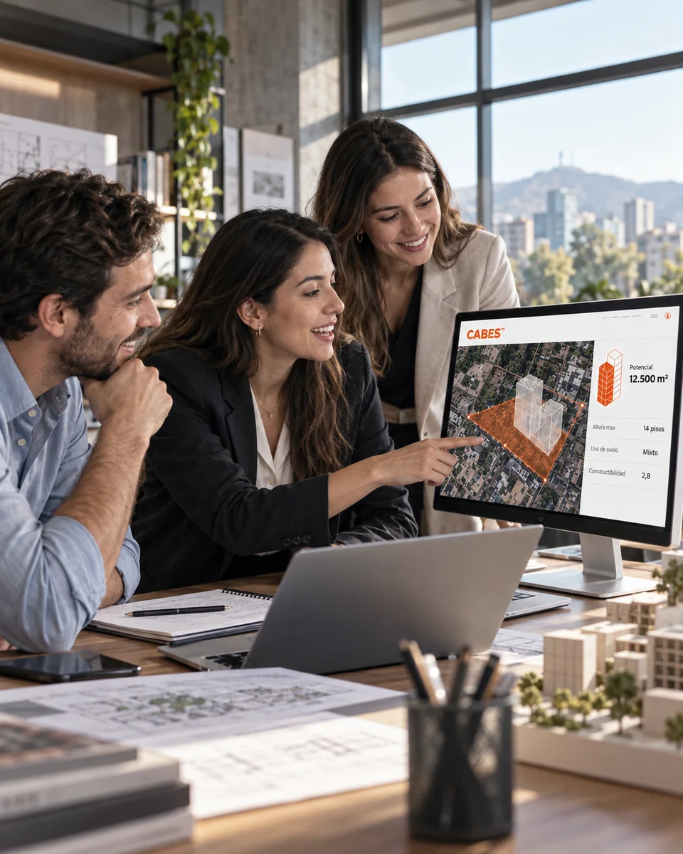 Tres personas revisan juntas una visualización inmobiliaria en una oficina.